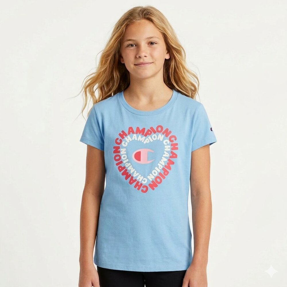 CHAMPION BRAND Girl's Blue / Pink / White with Heart Shape Tee- L   NWT